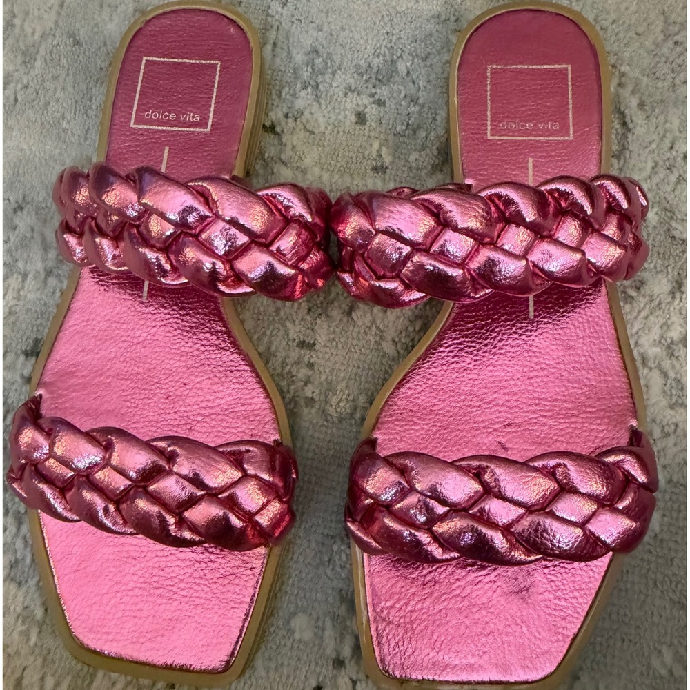 Dolce Vita Paily Metallic Pink Braided Double Strap Flat Slide Sandals Womens 7